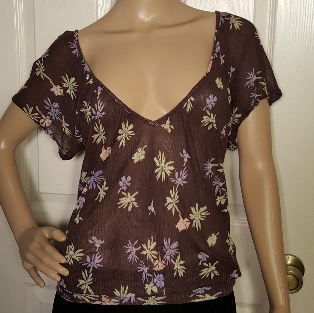 Free People Gauzy Brown Floral Short Sleeve Top - Picture 8 of 8